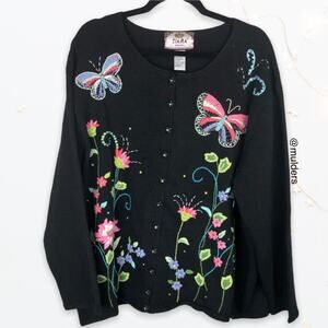 Vintage Y2k 2000s Tiara Butterfly Flower Embroidered Black Cardigan Ramie Cotton
